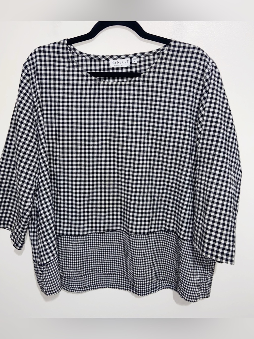 Habitat Top Womens Medium Black White Gingham Shirt Boxy Lagenlook Oversized